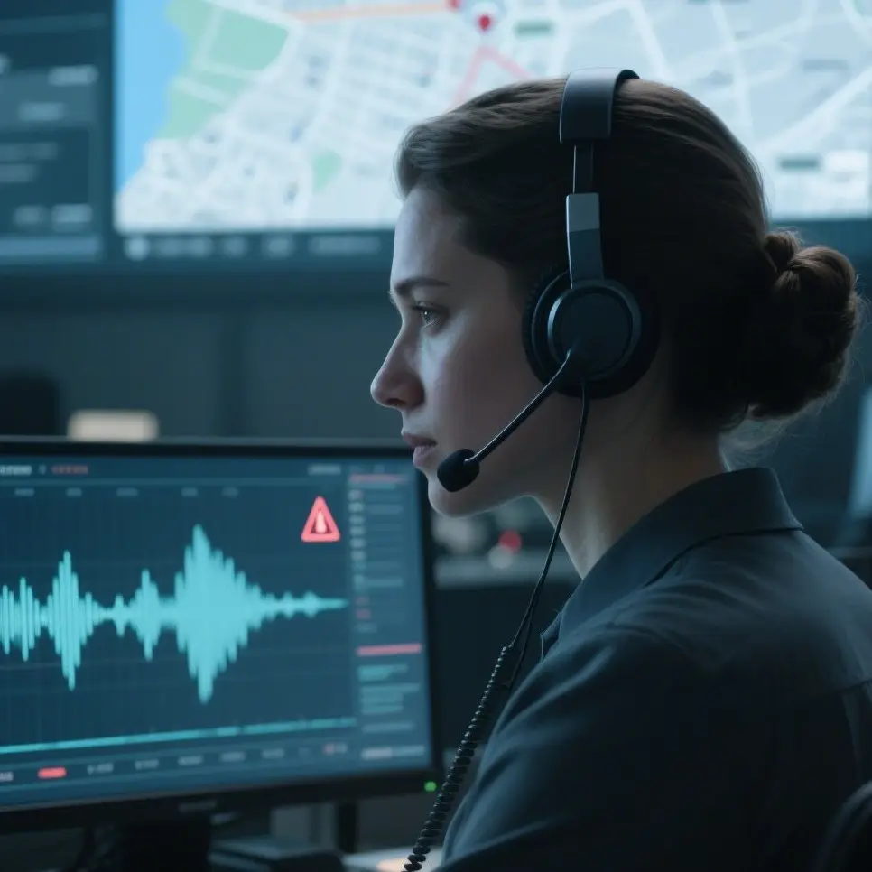 Illustration de la fonctionnalité alerte témoin après activation par l'utilisateur, avec agent de sécurité écoutant.