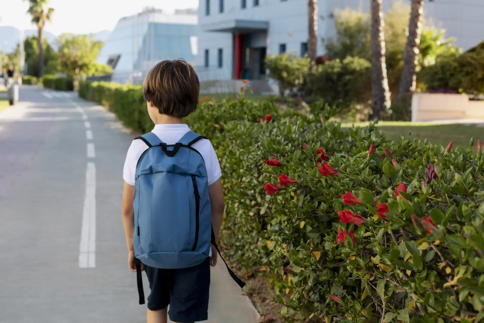 Illustration d’un enfant marchant sur le chemin de l’école, symbolisant l’importance de la sécurité en déplacement.