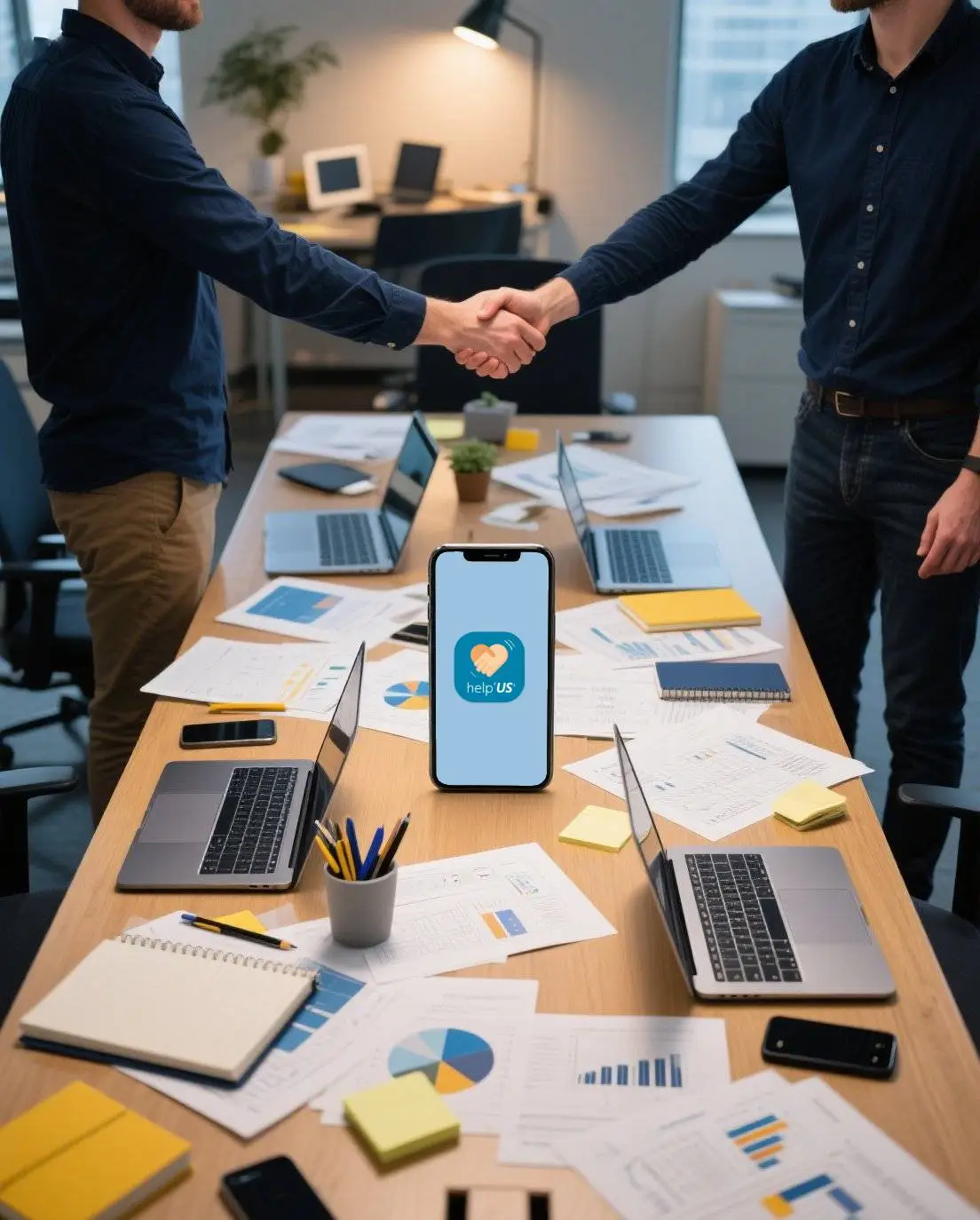 Deux personnes se serrant la main au-dessus d’un bureau avec un téléphone présentant l’application help’US ®