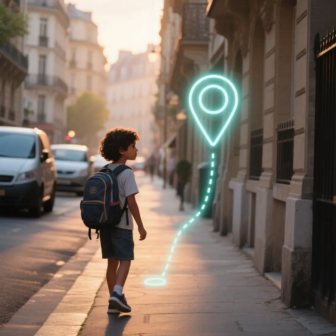 Illustration de la fonctionnalité veille trajet avec un enfant et une icône GPS