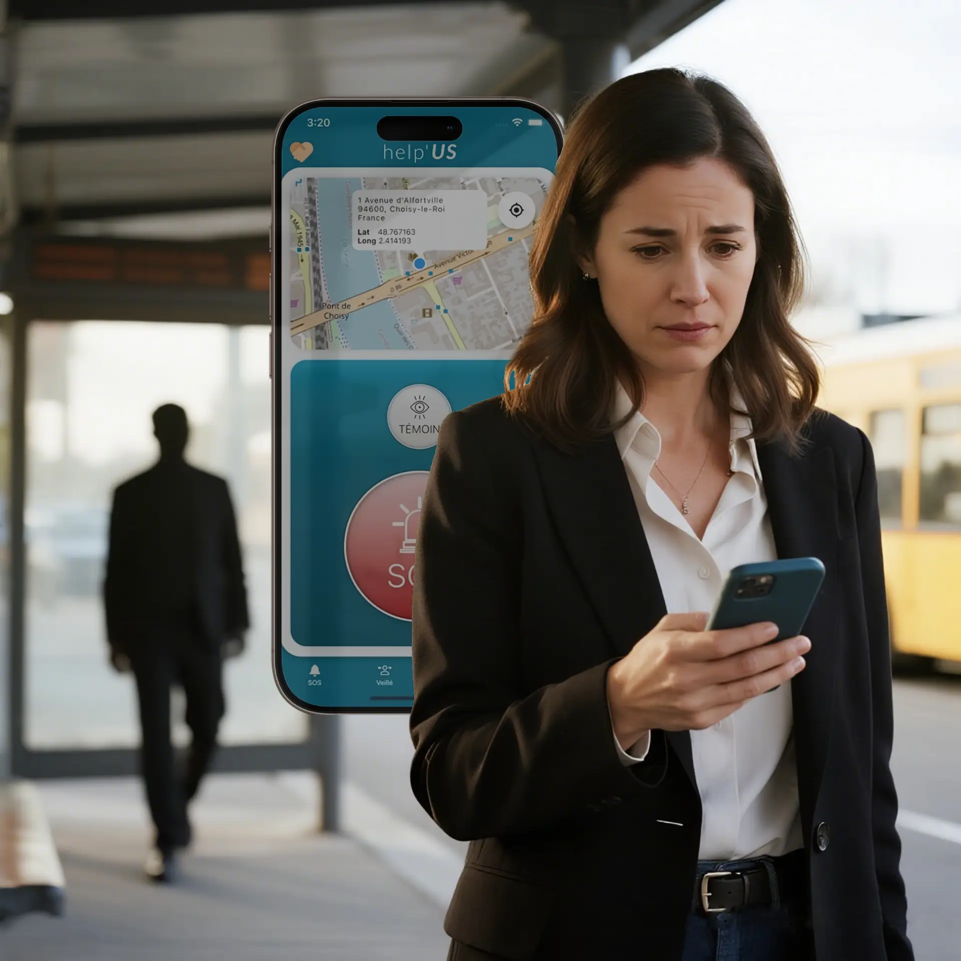 Illustration de la fonctionnalité alerte victime avec femme utilisant l'application et personne la suivant