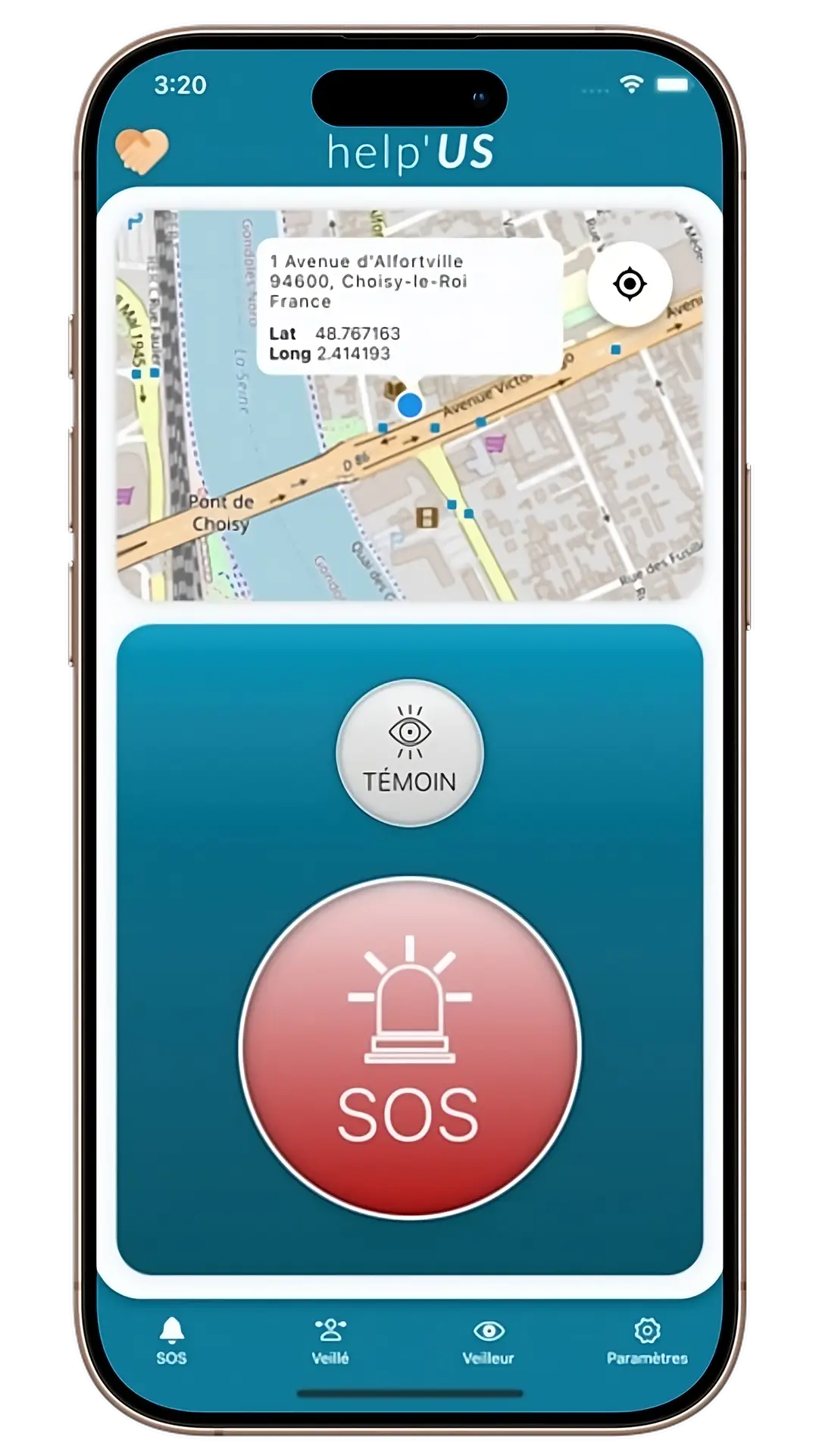 Mockup représentant la page principale de l’application avec fonctionnalités carte et SOS